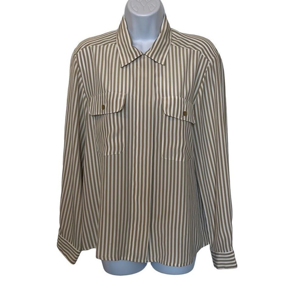Notations Vtg 10 Tan White‎ Stripe Button Down Silky Blouse Secretary Workwear